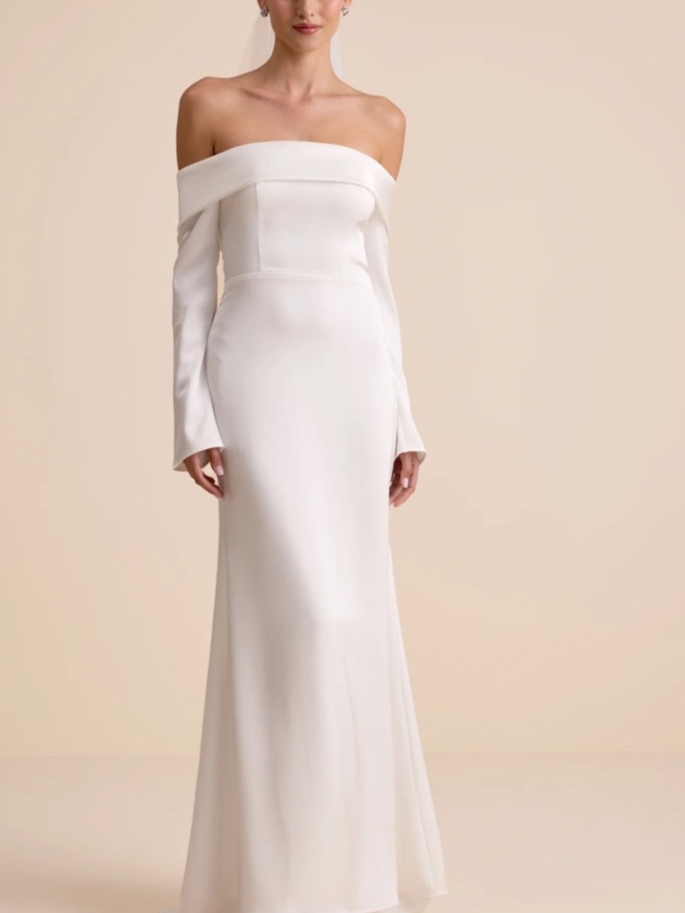 New Lulus Saintclair Off-Shoulder Long Sleeve Maxi  Satin Bridal Gown Sz Medium